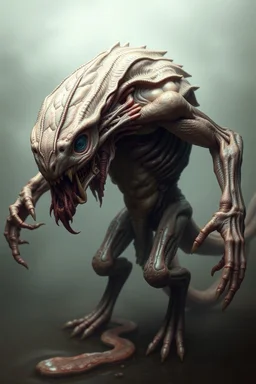 beast A grotesque yet fascinating creature—exposed muscle fibers, pulsating flesh, alien organs visible behind semi-translucent skin. Their limbs look like butchered cuts of meat, and they leave behind a trail of bio-slime.