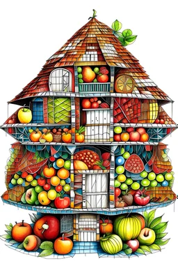 an outline art, a house made from woven fruit baskets, with each room featuring a different type of magical fruit, angle full view, no cut parts, clear line art, white background, no shadows, no tones color, no detailed artwork, clear and well outlined.