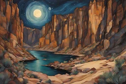 Painting of a mythical desert canyon paradise with towering sandstone cliffs, beneath a star strewn summer night sky, in the Expressionist style of Egon Schiele, Oskar Kokoschka, and Franz Marc, in muted natural colors