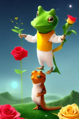 Der kleine Prinz als Frosch hält Rose in der Hand