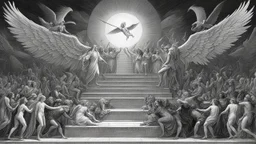 timeline illustration by Gustave Doré of angels and demons according to the bible from the Genesis to the Apocalypse. timeline illustration of evolution of timeline of angels and demons evolution of timeline of angels and demons evolution of timeline of angels and demons