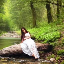 a beautiful woman in a dress laying down by a creek in a fantasy forest