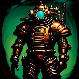 90's TCG art retro scifi art of a steampunk diver with big armor