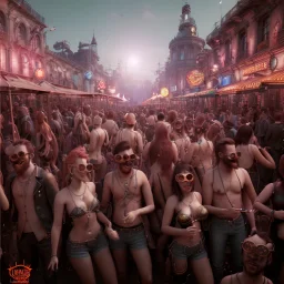 Realistic photo, medium shot view, men, carnival scene, steampunk. Women, hair monster, Drunken, Sunglasses, smoking, happy, hot. Many people background, highly detailed, concept art, unreal engine 5, ray tracing, RTX, lumen lighting, ultra detail, volumetric lighting, 3d, finely drawn, high definition, high resolution.