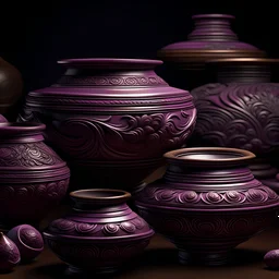 A set of luxurious Chinese folk style purple pottery pots, intricate and creative carving, exquisite craftsmanship, meticulous texture, exquisite artistic conception, high-quality photography, rich purple tones, exquisite and realistic design, perfect execution, aesthetic background, artistic talent, professional lighting, display fine details, designed by the famous craftsman ArtStation, with high-end jewelry in the background.