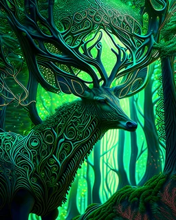 Green trees forest fractal artwork hyper-detailed intricate artwork shocking 8k deer