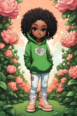 Create an colorful psychedelic comic book illustration of a chibi cartoon black female thick curvy wearing a cut of green and peach hoodie and white jeans and timberland boots. Prominent make up with long lashes and hazel eyes. Highly detailed shiny sister locs. Background of a large peach and green magnolia flowers all around her