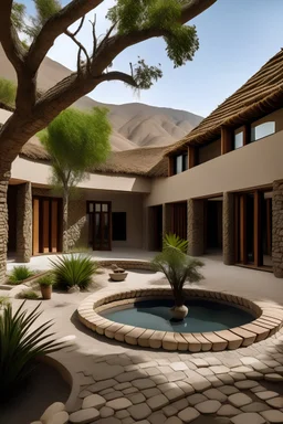 Centro de Difusión de la Cultura Afroperuana' en El Carmen, Chincha, Ica. Destaca las fachadas principales con curvas suaves, detalles de adobe y piedra, ventanas estratégicamente ubicadas y elementos de cerámica afroperuana. Incluye áreas verdes con plantas autóctonas y el patio central con muros de adobe y piedra, detalles de cerámica y elementos de madera tallada. Enfoca en la conexión visual entre exteriores e interiores, destacando los espacios luminosos y la fusión de elementos tradicional
