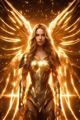 Photograph pretty girl Angel wearing armor long hair stand face front in impact picture,translucent and glowing metallic patterns,glowing metal objects hovering in the air and surrounding him,Electric arcs and sparks,flow of energy,translucent magnetic lines,golden and shimmering light effects