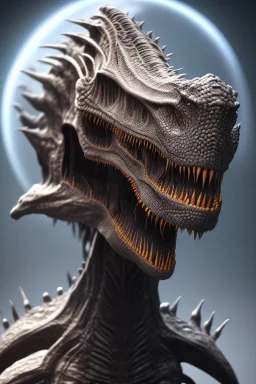 dinosaur alien, head, evil, 8k, finely detailed, photo realistic, HR Giger style