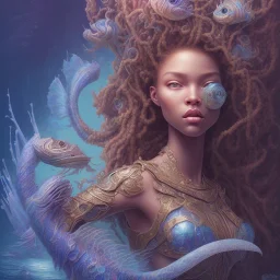 sango fantasy, fantasy magic, intricate, sharp focus, illustration, highly detailed, digital painting, concept art, matte, artgerm and paul lewin and kehinde wiley, masterpiece sexy lips Hawaiian afro lips black African lady body mermaid lionfish head blue space lady beach sea under water mermaid seaweed