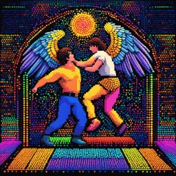 [style is lite brite art, luminous and colorful designs, pixelated compositions, retro aesthetic, glowing effects, creative patterns, interactive and playful, nostalgic charm, vibrant and dynamic arrangements] Jacob wrestling with angel