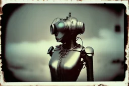 steampunk, vintage analog polaroid of a woman robot, female body, fog, lomography, heavy film grain, night, color bleed, depth of field, bokeh, retro
