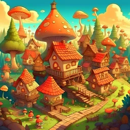 яркая сказочная деревня с грибами мухоморами на крыше