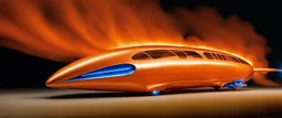 award winning car and driver photograph of a futuristic station wagon dirigible hybrid designed by only one vehicle per image painted metallic orange traveling at a high rate of speed, jet intake off of front center of vehicle and jet exhaust out the rear with bright blue flame, bilaterally symetrical, more a high speed road vehicle