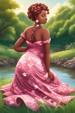 An airbrushed illustration of a curvy black cartoon woman sitting relaxed on a sunny riverbank, lush green grass surrounding her. Facing left in profile, she has flowing chestnut hair styled in an elaborate braided twist. complementing the pink floral maxi dress wrapped snugly around her exaggerated curves. One hand touches her cheek lightly as she looks to the distance, brown eyes enhanced by long lashes and purple eyeshadow. Bold brown lips match the brown flowers on her dress
