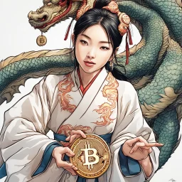 Bitcoin cryptocurrency in the hands of a traditional chinese girl, dragon