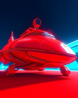 low view angle shot down from upper left front and showing the full vehicle, a RETROFUTURISTIC HOVERING CRAFT OF ALIEN ORIGIN, a beautiful look up modern is decorated with red abstract SKYLINE, all red background, , vray, raytracing