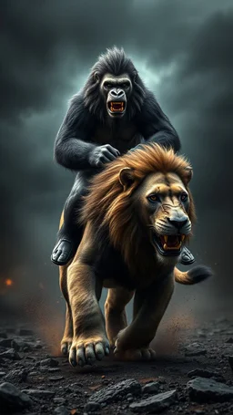 A gorilla riding a running fast lion, a hyper details texturing of fullbody the skin realistic textures skin of lion .complex details, extremely, ultra rendering, it is standing admist darkness realms floors with stormy cloudy weather,