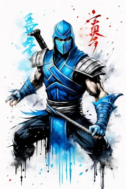 Sub Zero from Mortal Kombat, ink artistic conception, with typography elements, abstract, complementary colors, simplicity, Chinese painting, white background, 8k,