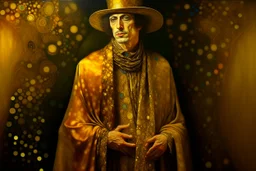 beautiful painting of a extremely handsome man in a golden cape and yellow hat, with multiple eyes on his body in the style of Gustav Klimt. full body portrait features geometric shapes, beautiful colors, golden light, and a dark background. the composition is beautiful, with sharp focus and high resolution.