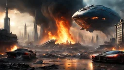 sci-fi like realism , Earth 2155, post-apocalypse city in the distance, , trash, burning cars, fire , biomechanical whale creature, spaceship in the sky, rebel cyborgs attacking aliens, explosions, smoke, destruction ,nightmare , magic , shining, luminism, glowing, reflection ,studio lighting, dark fantasy, detailed painting ,translucent ,transparent , high contrast ,intricate details, volumetric lighting, cuteness overload ,vanishing point, dreamy ,orthographic view, intricate detail,