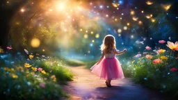 Une douce petite enfant erre dans son monde enchanté, Parmi les merveilles, elle adore explorer. Nuit enchantée, fleurs magiques, arcs-en-ciel de lumière, lucioles dansantes, fées lumineuses. Ses rêves sont vastes, pleins de beauté, Chaque instant est un nouveau bonheur. Dans son univers, tout est merveilleux, Un monde imaginaire, tendre et lumineux. Bel éclairage, composition attrayante, photoréaliste, extrêmement détaillée, clair-obscur, règle des tiers.