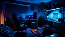 Dimly lit night time gaming room, with a messy bed and a single desk with a gaming PC, two monitors on the desk, gaming chair, bed is in the background under a window, the room is filled with neonlights, night time, atmospheric, detailed.