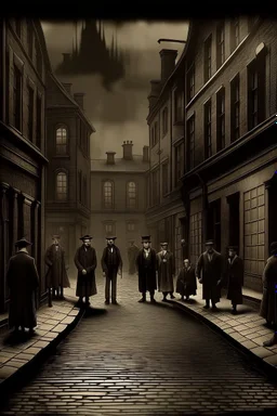 1890s city streets with muddy road and dark atmosphere people outside a brothel digital art