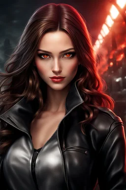 Young woman with long brown hair and red eyes, smirking, confident, a little evil looking, apocalyptic background, high quality, highly detailed, wearing black leather, 8k resolution, anime, digital art