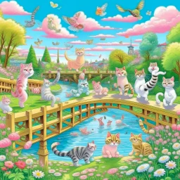 in the center: beautiful chunky cats dancing on a bridge , background: landscape, first plan: pink flowers and a small river with blue water, sky: white clouds with more cats sitting on them