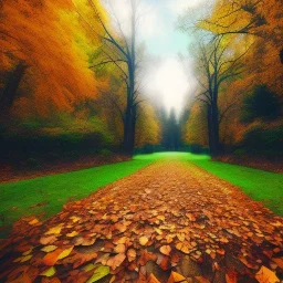 fall forest walkway fallen tree leaves , very beautiful environment and sky