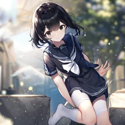 Clear focus, High resolution, short black hair, black eyes, wearing a sailor uniform, rough line, frowning, chopped bangs, fluffy hair, long white socks