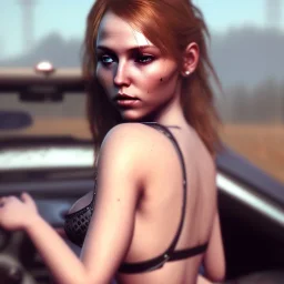 happy cute chick in a car portrait, wreckfest, spectacular graphics, unreal