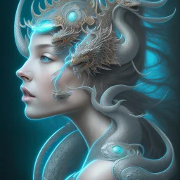 sango fantasy, fantasy magic, intricate, sharp focus, illustration, highly detailed, digital painting, concept art, matte, artgerm and paul lewin and kehinde wiley, masterpiece silver dragon head blue African nice breast Afo woman turquoise waves