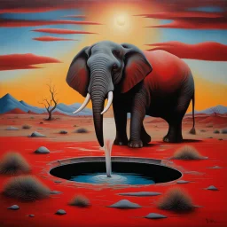 by Desmond Morris, weird grim desert wonderland, surreal elephant drinking from a red pond, matte oil painting, dark colors