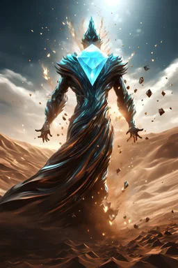 Diamond elemental rising from the ground, swirling falling windswept dirt blowing off the humanoid spirit rising, 3d digital concept art
