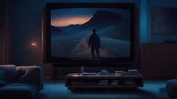 The image depicts a captivating cinematic scene, with a softly lit television screen in a calming shade of blue. The screen is surrounded by dark hues, giving the image an exciting cinematic ambiance. Some colors and patterns can be seen on the screen, indicating that it is in an active mode. This image symbolizes the beauty of cinema and television as tools for exploring different worlds and delving into the stories of diverse cultures. It highlights the importance of cinematic art and televis