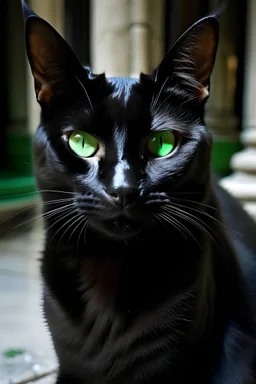 retrato de una gata negra de ojos verdes esmeraldas que representa una espía secreta en el museo de Louvre, Paris