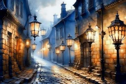 Prompt: a lantern glowing softly on a cobblestone street, mist swirling, with old Victorian houses lining the path, watercolor, mysterious, nocturnal