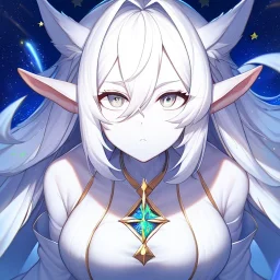 cosmic mage, elf, female, battle mage, epic, cosmic magic, long ears, white hair, face details, pale skin, jewellery, broad shoulders, sharp ears, cosmic clothes, cosmic eyes, ears shown, light out of eyes, the cosmos in eyes, stars in eyes, shining eyes, non human face, thin face, animation, detailed ears, magical eyes, non realistic, closed mouth, bigger make up, smiling face