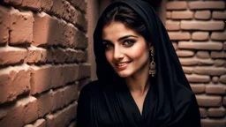 Hyper Realistic Photographic View Of a Beautiful Young Pashto Woman With Beautiful Eyes (& Eye Brows) & Beautiful Hands, & She Wearing Black Dress & Black Dupatta With Her Peeking-Half-Faced From A Brick-Wall Giving Bold Smile & Bold Expressions Putting Her That Hand On That-Brick-Wall At Dark Night Showing Dramatic & Cinematic Ambiance.