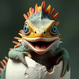 The baby iguana emerging from the egg has a complex scale structure, sharp spikes along its back and a crest of multicolored feathers. expressive bright blue eyes are wide open. Tiny teeth and tongue are visible from the open mouth. high definition. the quality of the crispy crust. colorful. Surreal. Epic. Robert Bateman. 3D. Roger Tory Peterson. Flo'n Images. Robert Gunn. Hendry