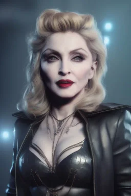 Madonna as an evil queen in leather, volumetric lighting, particles,highly detailed,cinamatic, deep colours,