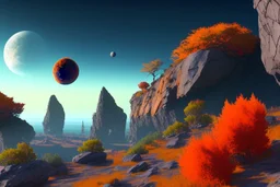 autumn vegetation, exoplanet in the horizon, big stones, cliff, science fiction.