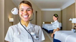 hotel housekeeping smiling with small white earbuds