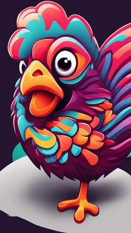 Design a vibrant, gaming-influenced logo of a chicken, featuring bright colors and a dynamic lighting scheme. Incorporate abstract shapes and textures to create an eye-catching composition.