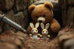 generate a big plush bear and a smaller plush rabbit in a trench, fighting against enemies. Those enemies schould be diffuse, without faces. The plush bear and the plush rabbits are in action