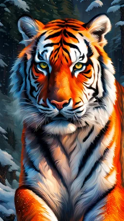 SIBERIAN TIGER Acting as a Create a stunning AI art piece of a Siberian tiger in its natural habitat, showcasing its majestic presence and powerful demeanor. (Add details such as the tiger's fur color, the background scenery, and any specific features you'd like to highlight) Create a hyper-realistic AI portrait of a Siberian tiger, capturing its intense gaze and intricate patterns on its fur. Terrifying pressence.
