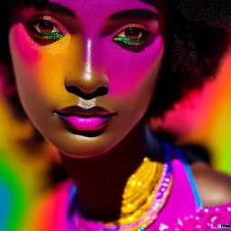 masterpiece, best quality, woman, dark skinned, sparkling eyes, fluorescent skin, colorful makeup, afro, highly detailed body, sun light, 4K, RAW, depth of field, high contrast, realistic details, 24mm